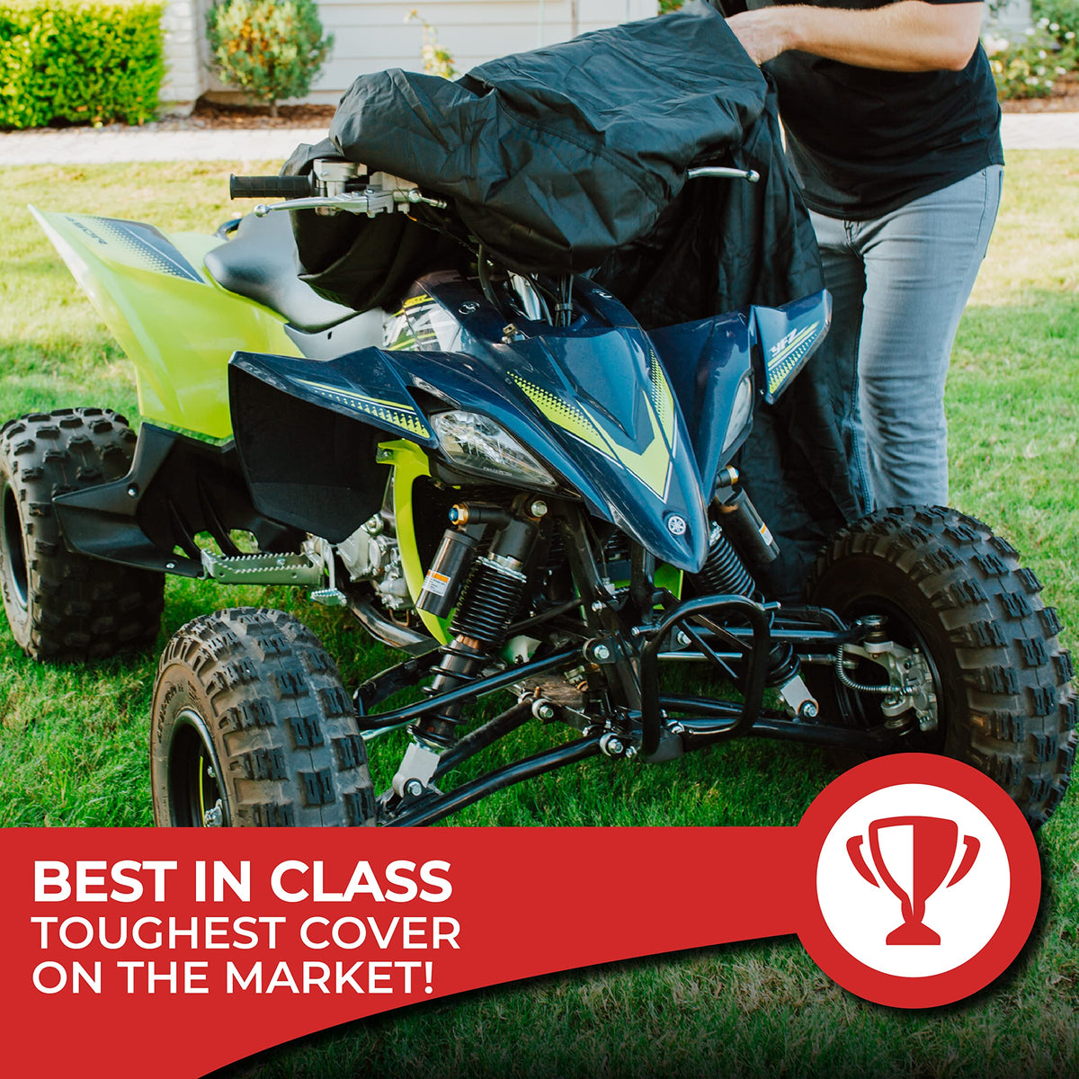 Tough Cover in garage lifestyle shot protecting ATV and saving space