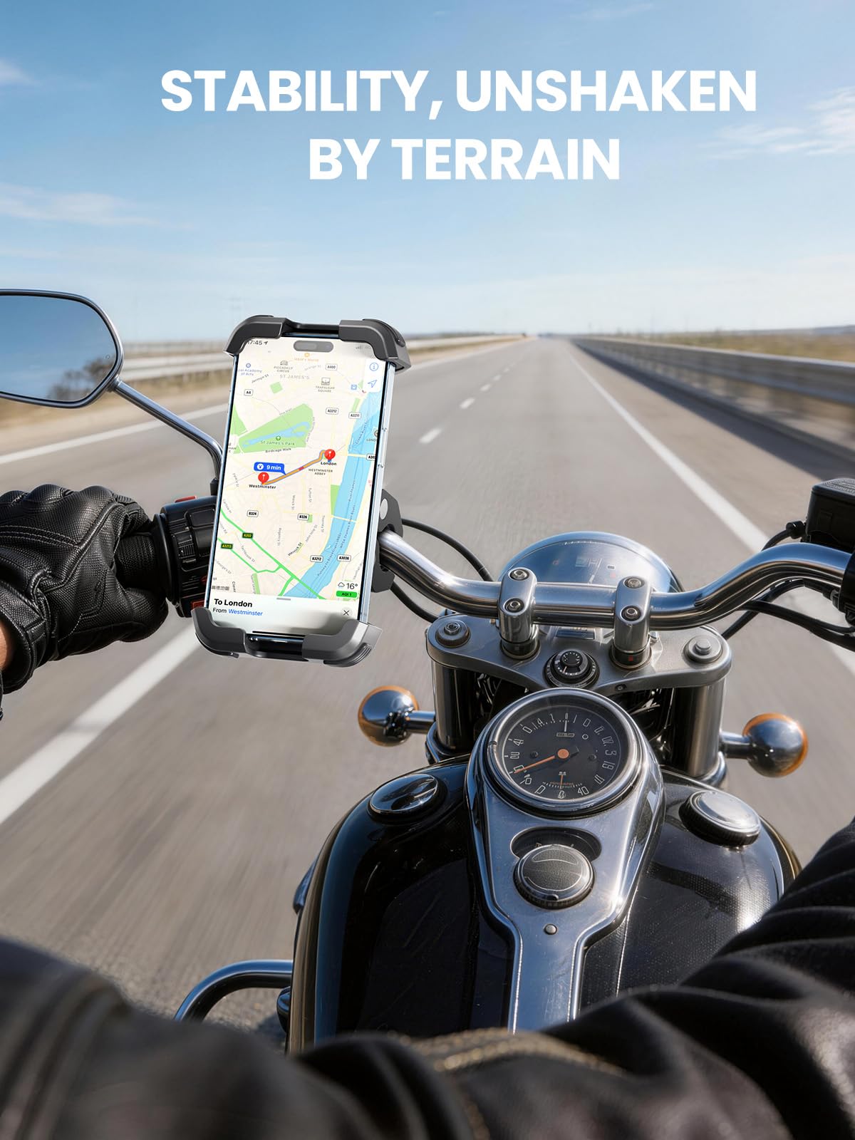 tounee in lifestyle shot on motorcycle showing safer navigation access