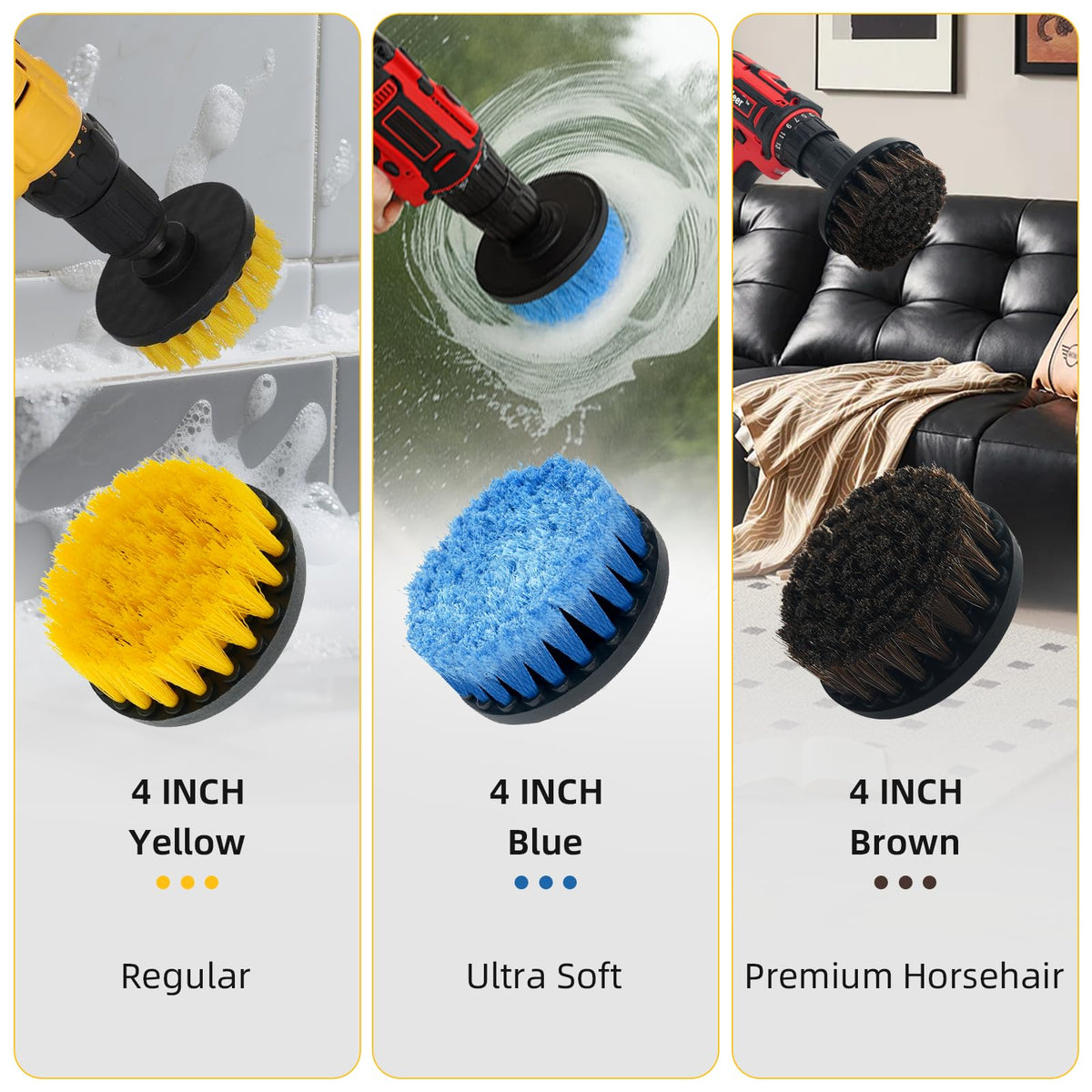 TOWBRUS brush heads displayed by soft medium and hard stiffness for choosing correct brush