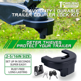 TOWBUBING coupler lock close-up highlighting thick steel construction and security
