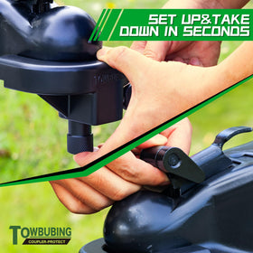 TOWBUBING lock in use on ball hitch illustrating fast tool-free installation