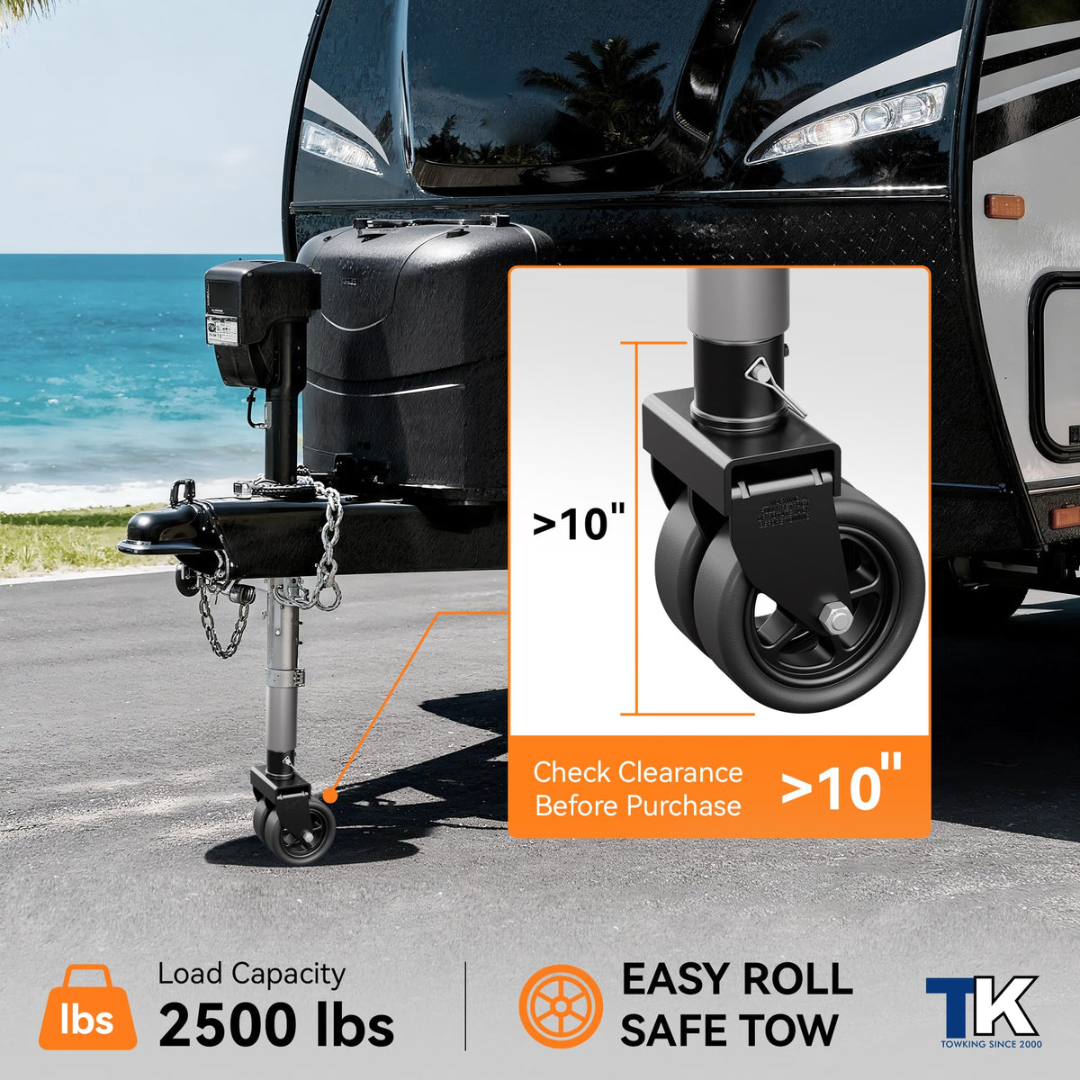 TOWKING close-up of dual 6" spoked wheel highlighting smoother rolling performance