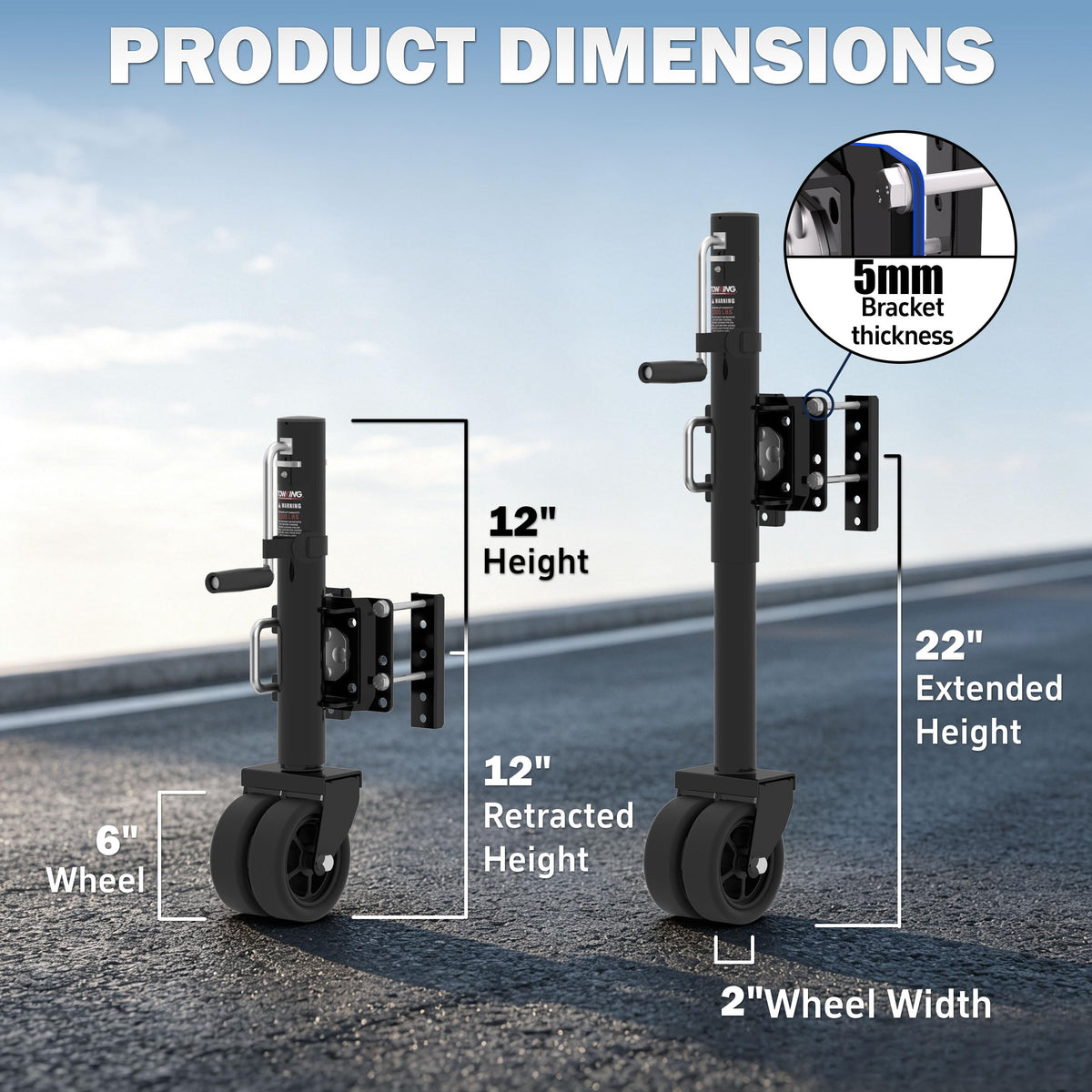 TOWKING jack fully retracted to 12 inches for low-profile storage