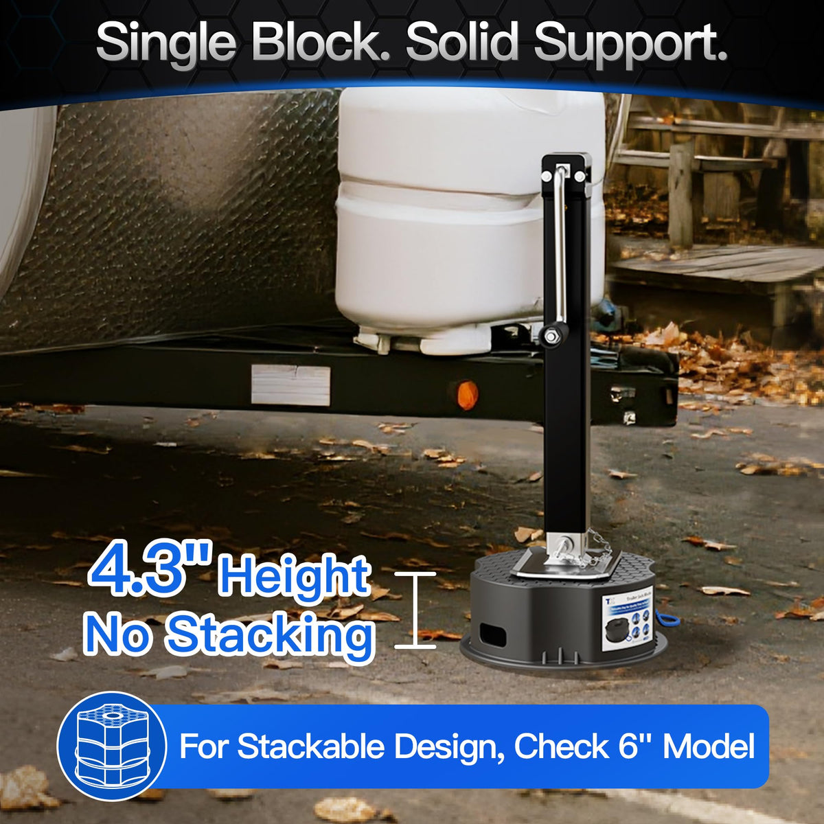 TOWKING block placed under jack foot stabilizing trailer for quick setup benefit