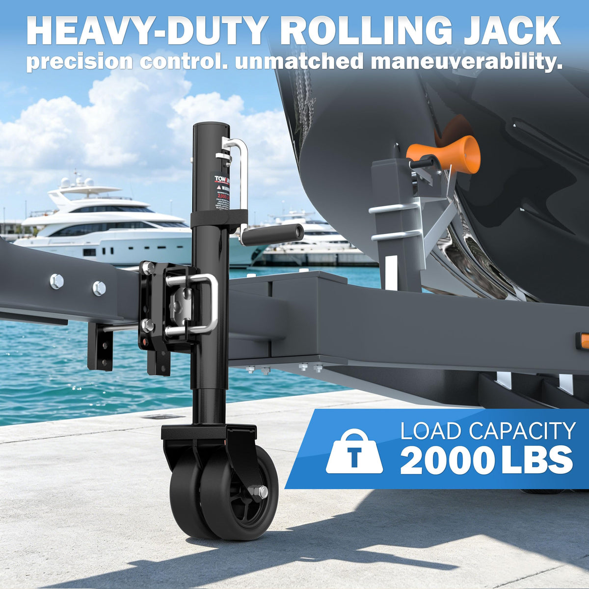 TOWKING jack installed on a boat trailer showing practical field use