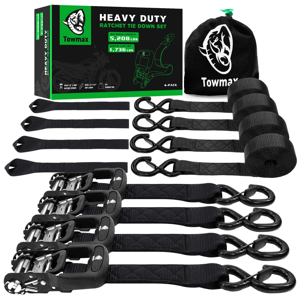 Towmax front packaging showing full 4-pack kit and included storage bag benefit organization