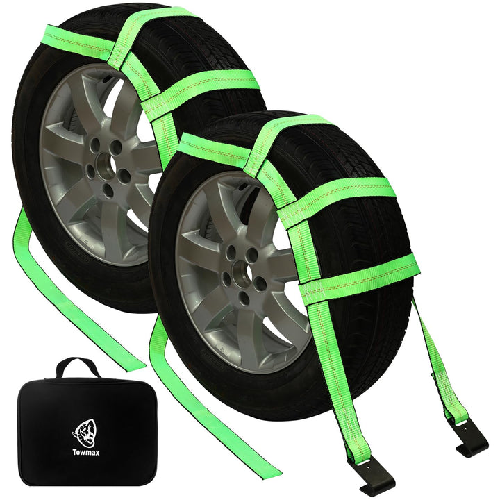 Towmax front packaging showing two green tire nets and bag for easy identification