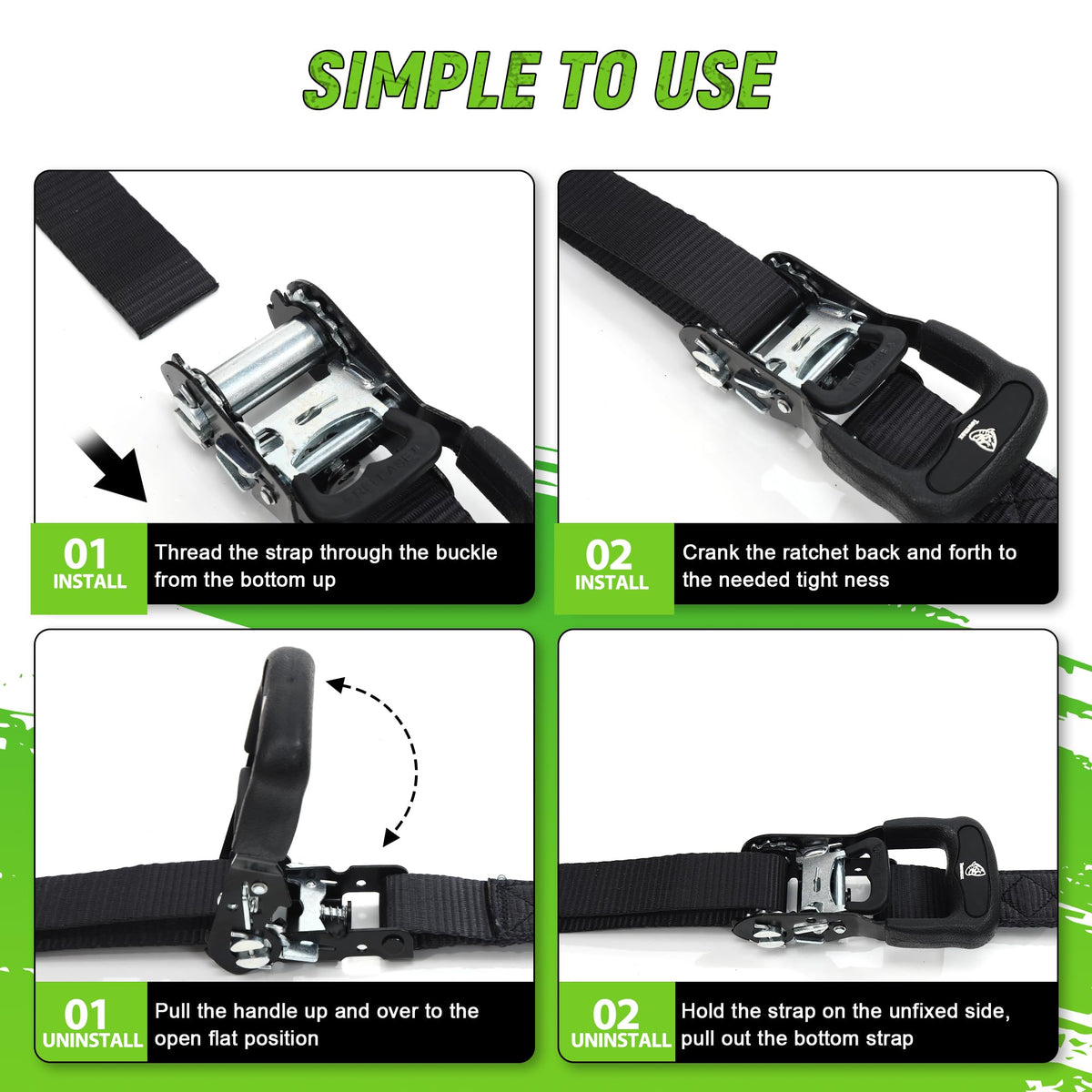 Towmax straps in use securing a motorcycle on a trailer for safe transport