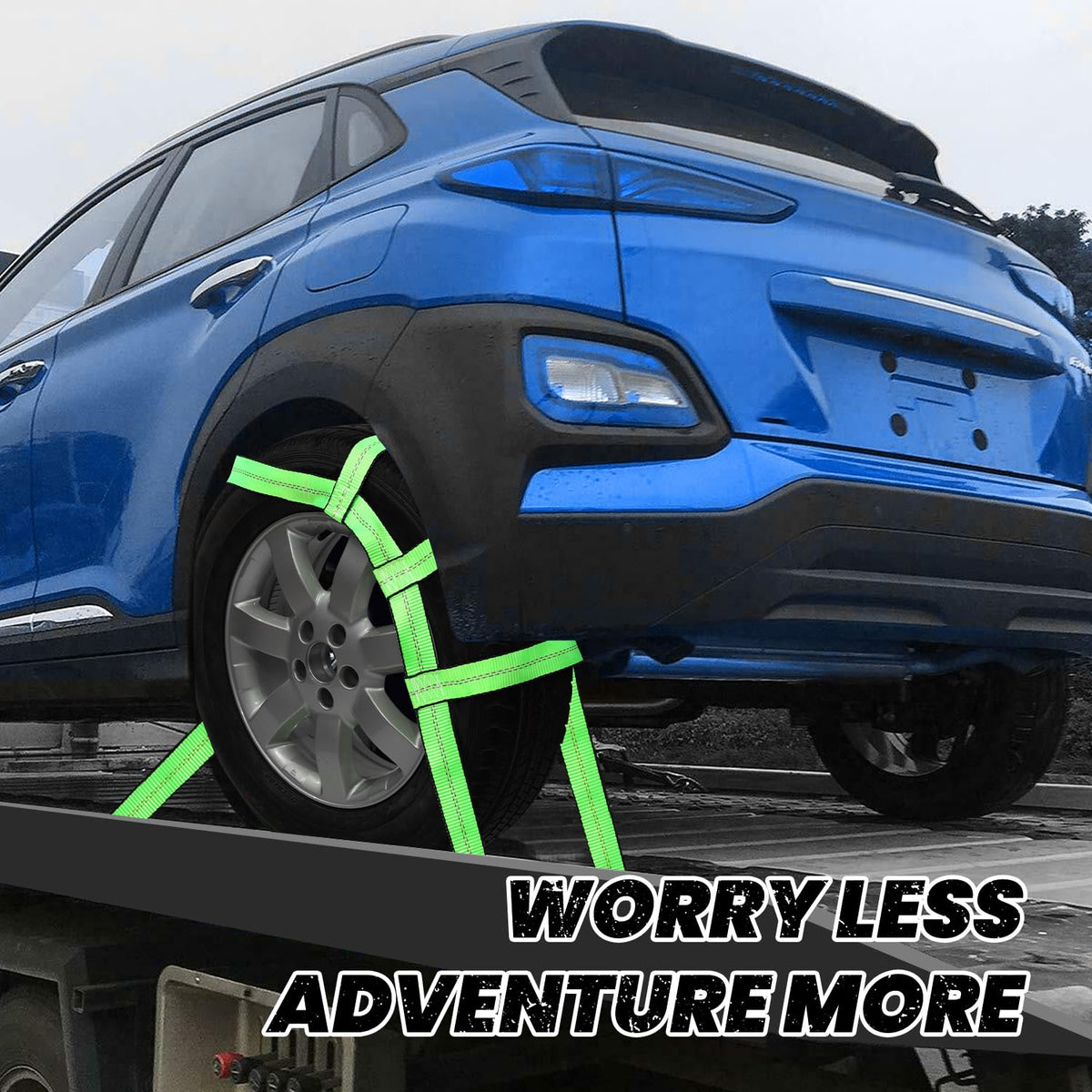 Towmax straps in action on a tow dolly during roadside vehicle loading