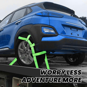 Towmax straps in action on a tow dolly during roadside vehicle loading