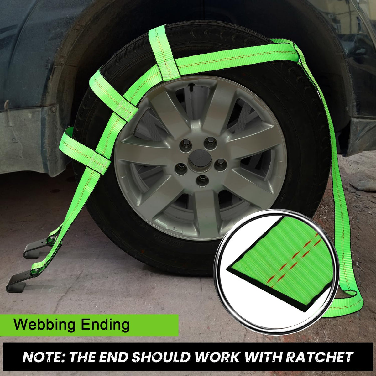 Towmax net draped over a 16-inch tire demonstrating quick secure fit on tire
