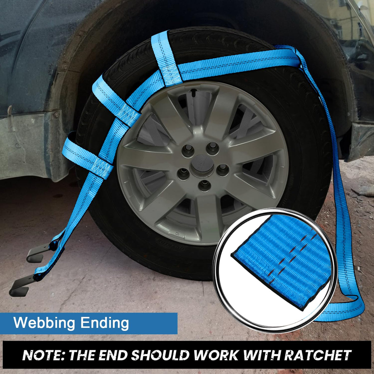 Towmax installed on tire demonstrating over-the-tire net for improved wheel stability