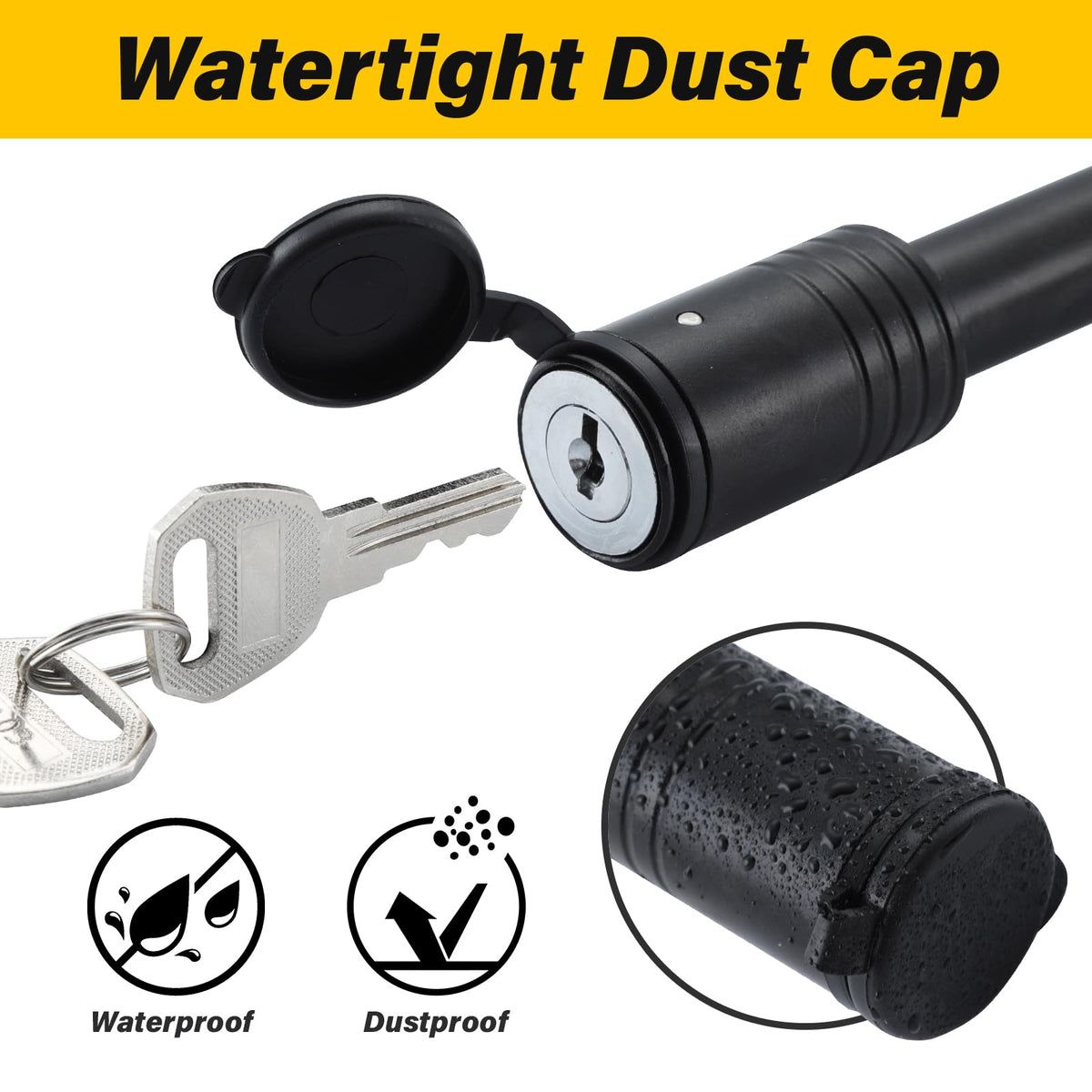 TOWSWELL key with rubber cap highlighting waterproof protection and smooth operation