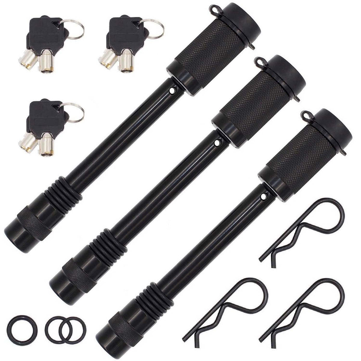 TowWorks front view of three keyed-alike hitch locks showing kit contents and security