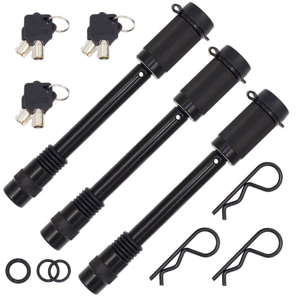 TowWorks front view of three keyed-alike hitch locks showing kit contents and security