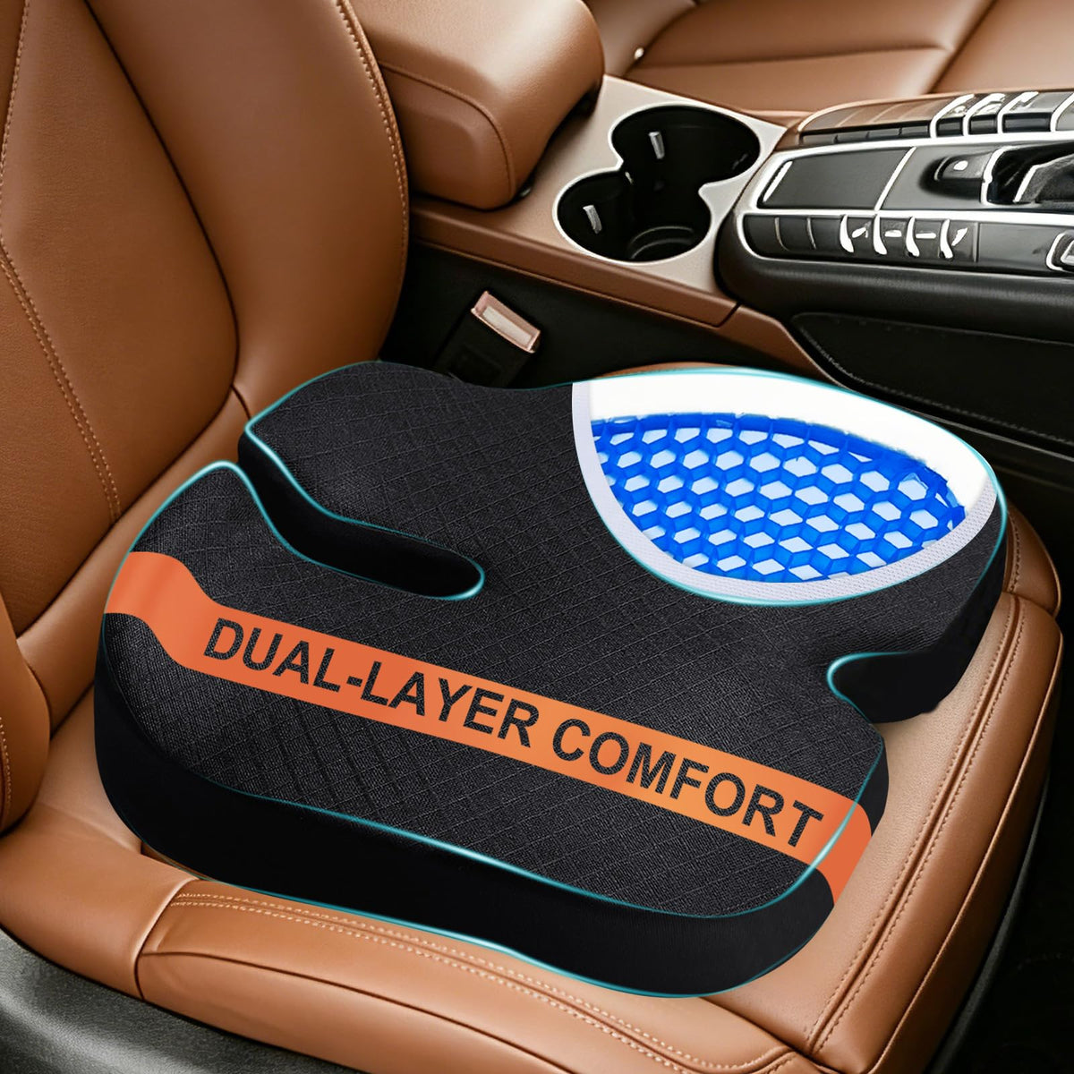 TOYALI front view of car seat cushion showing shape and fit for comfort