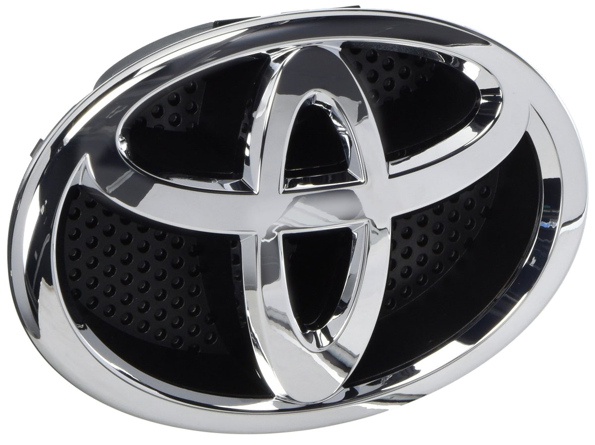 Toyota radiator grill emblem front view showing OEM fit and restored appearance