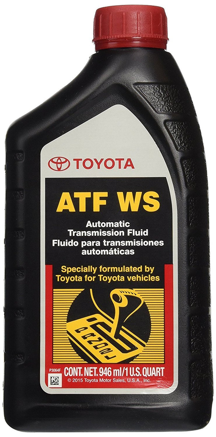 Toyota ATF WS front bottle view showing label and OEM authenticity benefit
