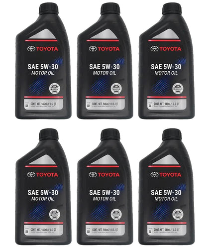Toyota genuine 5W-30 front bottle view showing OEM label and assured engine protection