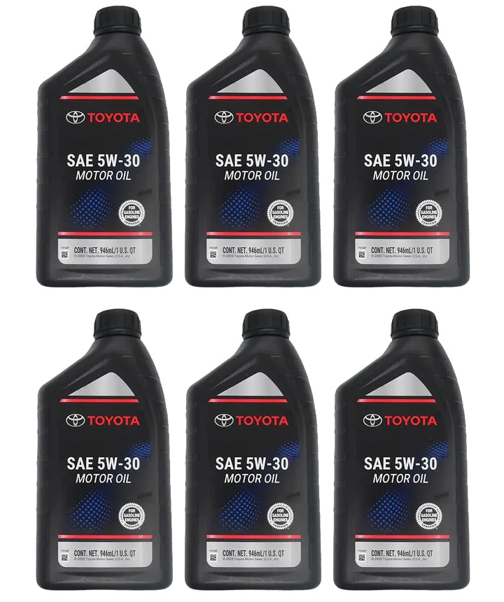 Toyota genuine 5W-30 front bottle view showing OEM label and assured engine protection