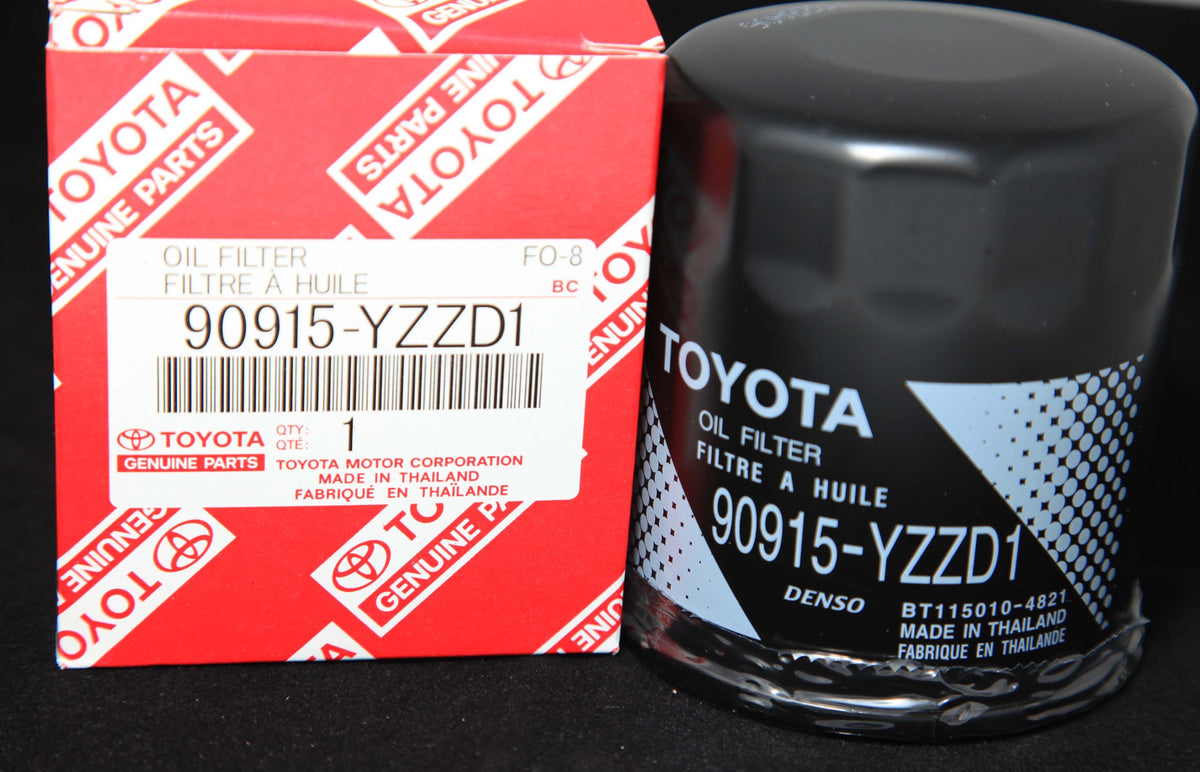Toyota genuine 90915-YZZD1 oil filter front view showing label and fitment benefit