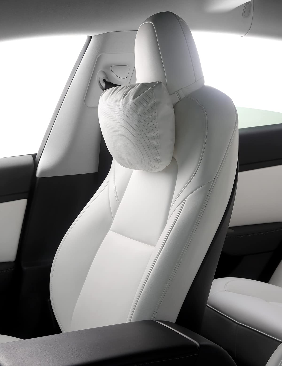 TPARTS front view of white headrest pillow showing clean match with Tesla interior and neat fit