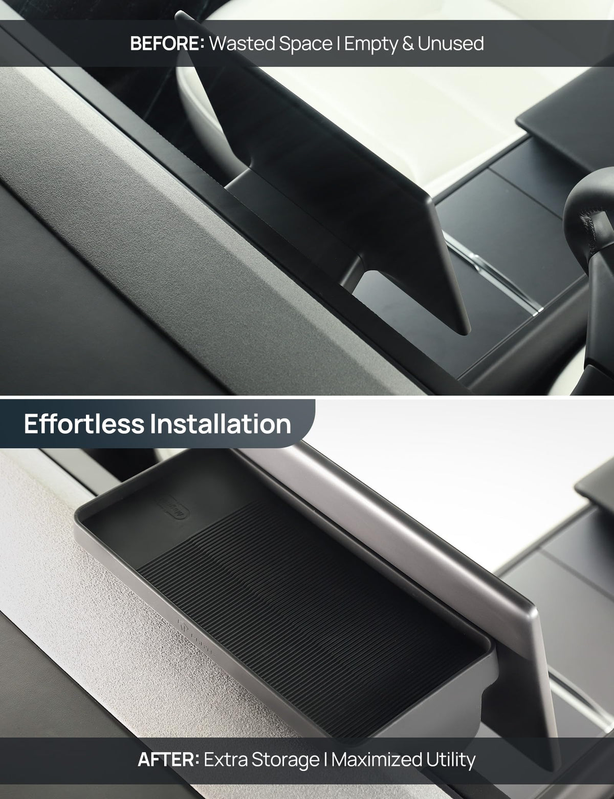 TPARTS lifestyle shot in Tesla interior highlighting tidy, factory-style look