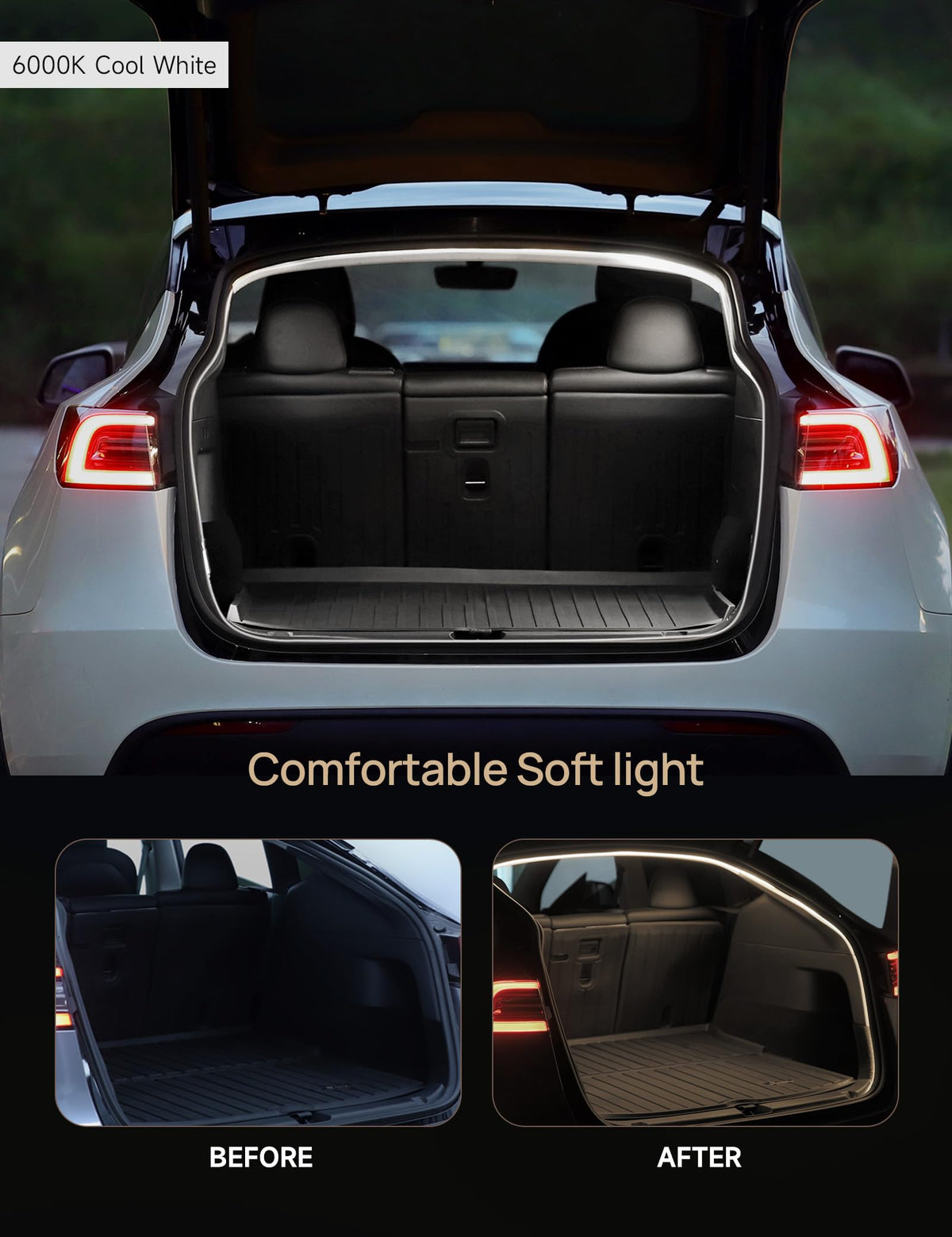 TPARTS installed in Tesla Model Y trunk improving visibility while loading benefit