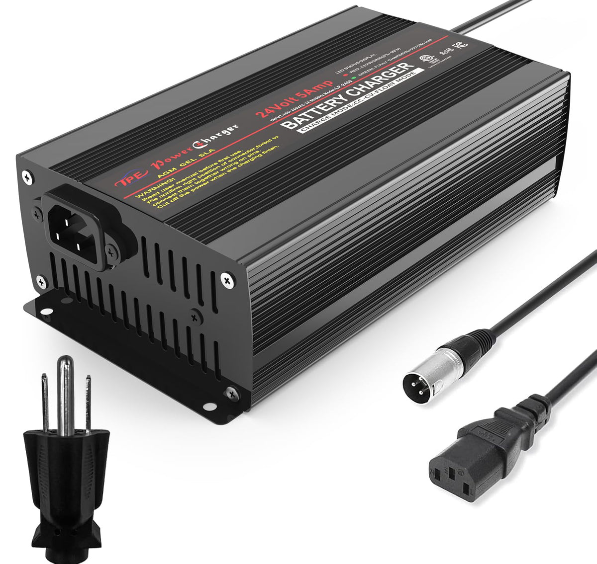 TPE front view of 24V 5A charger showing connectors and status for reliable charging