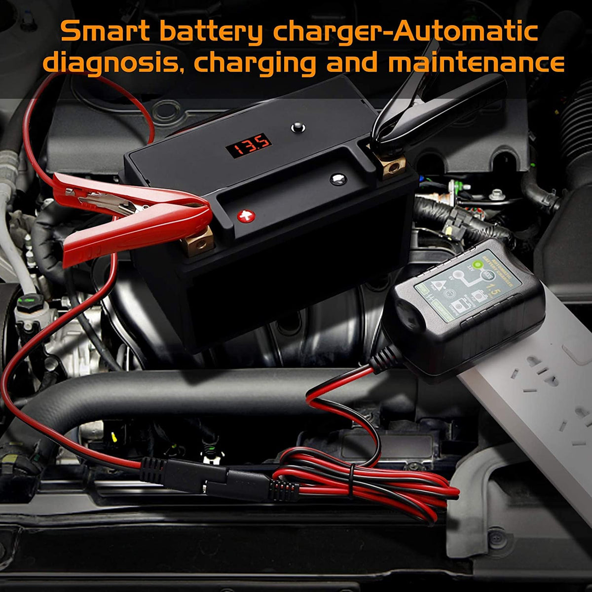 TPE charger in garage storage maintaining seasonal equipment batteries reliably