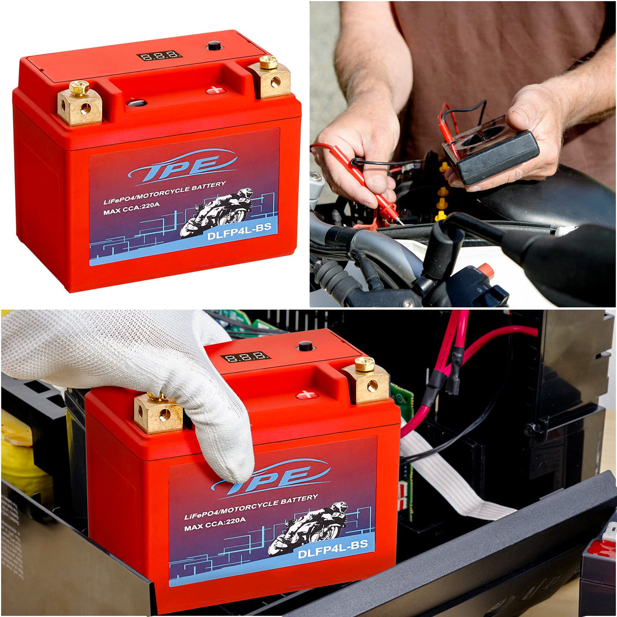 TPE battery installed in a motorcycle demonstrating fit compatibility and reduced weight