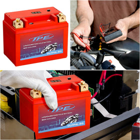 TPE battery installed in a motorcycle demonstrating fit compatibility and reduced weight