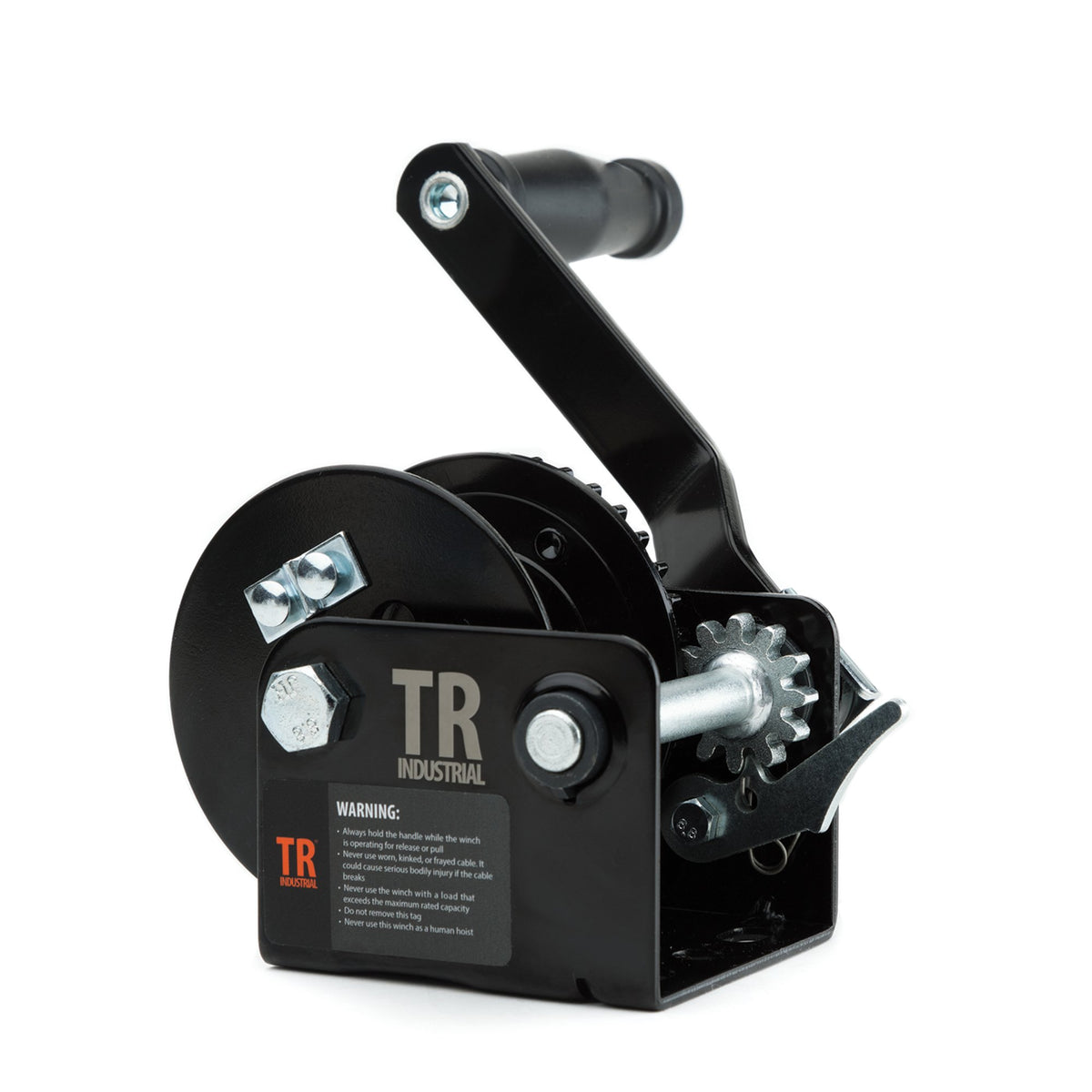 TR Industrial winch front view showing compact steel frame and mounting points for reliable installation