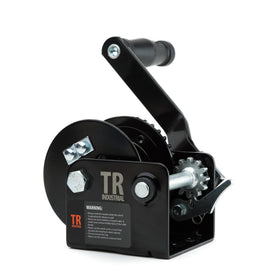 TR Industrial winch front view showing compact steel frame and mounting points for reliable installation