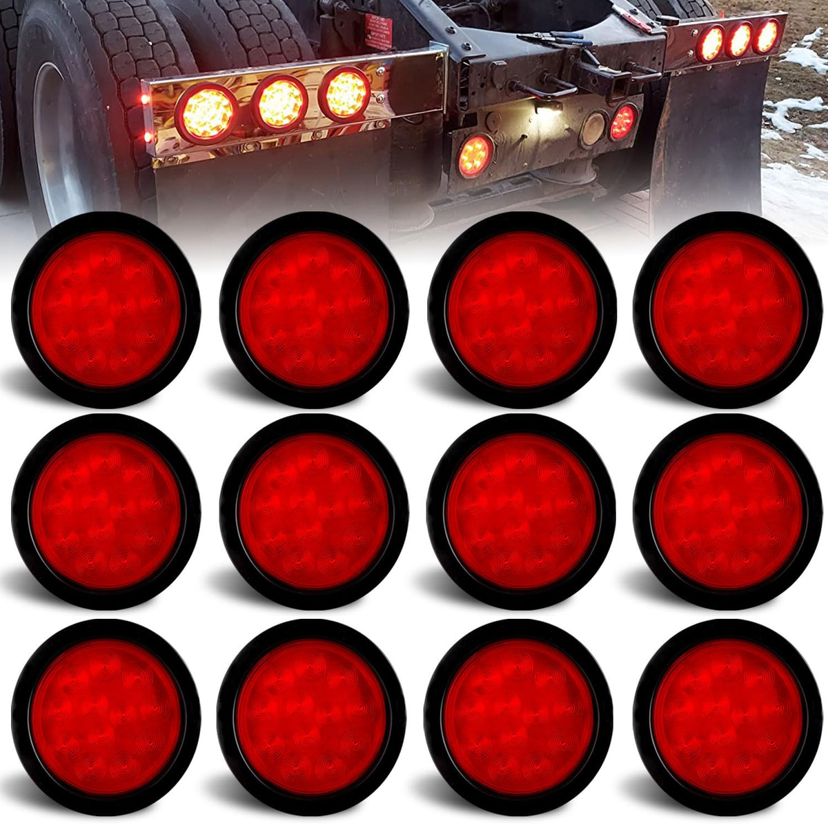 Traberm front-facing 4-inch red LED tail light showing bright signal for improved visibility