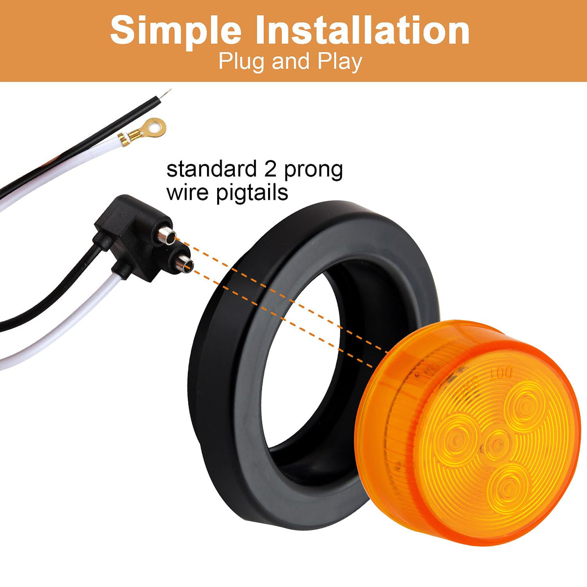 Traberm rubber grommet and two-prong pigtail detail for fast plug-and-play benefit