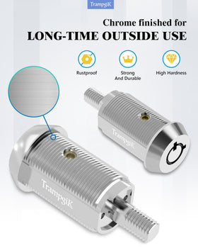 Trampgik lock next to ruler giving scale to confirm hole and thickness compatibility
