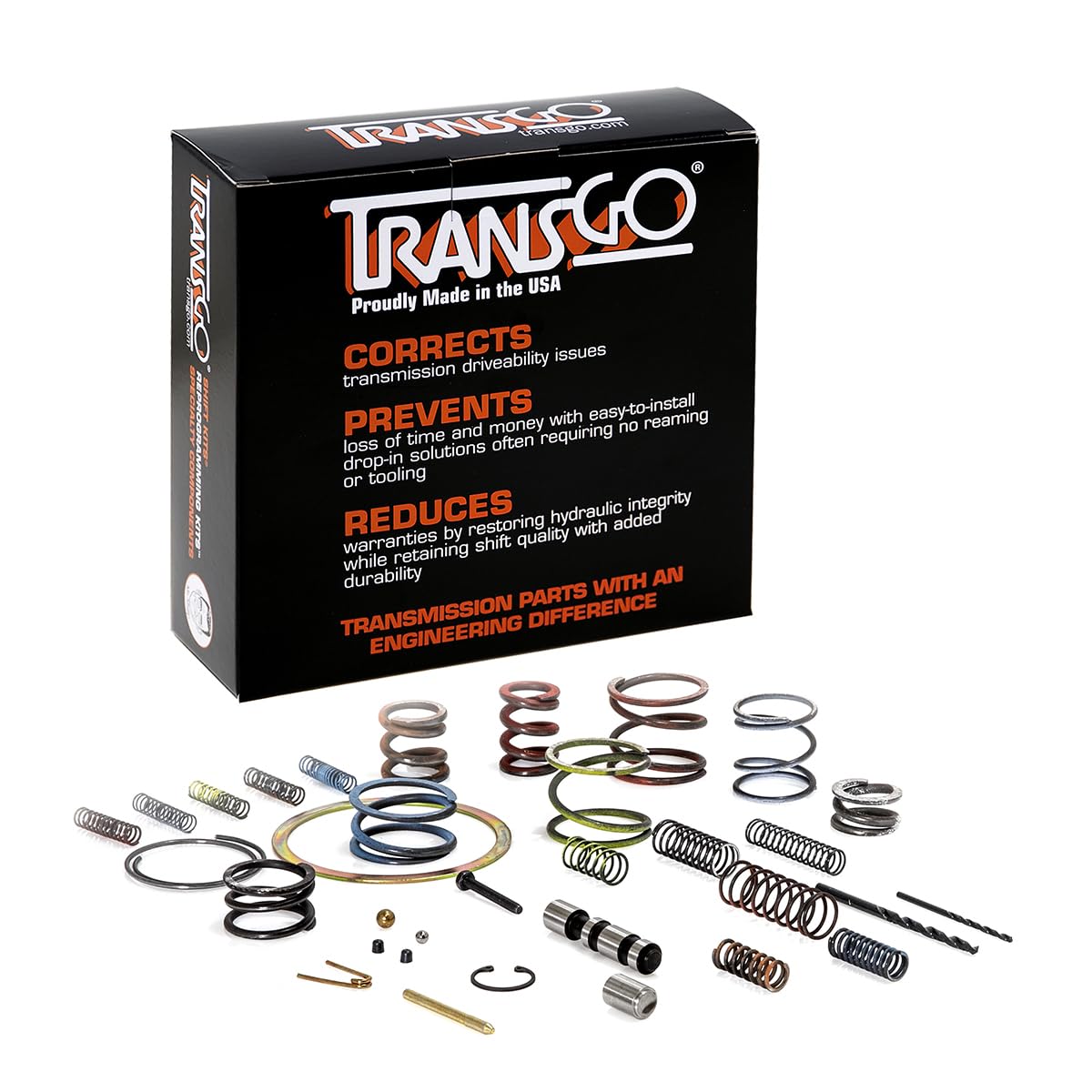 TRANSGO shift kit front view showing valves and springs for precise shifts
