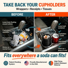 Trash Trapper sitting in cupholder keeping car organized and stable