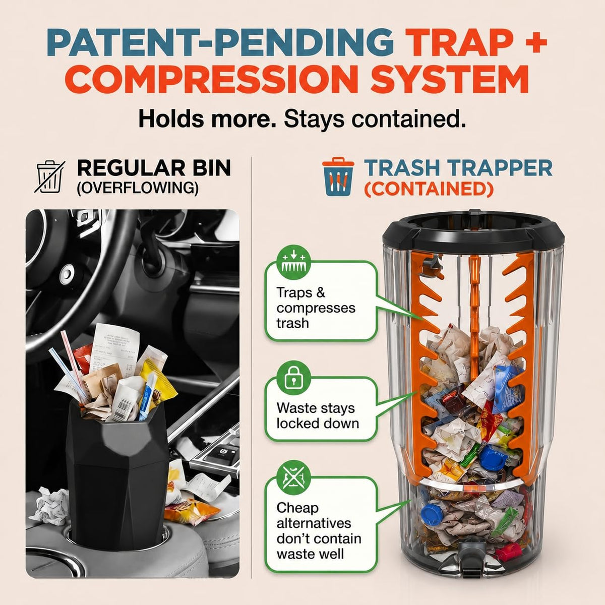 Trash Trapper lid compression detail demonstrating press-down capacity