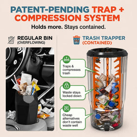 Trash Trapper lid compression detail demonstrating press-down capacity