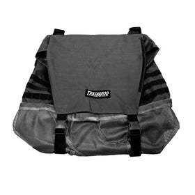 Trasharoo front view showing black spare tire bag and secure fit benefits
