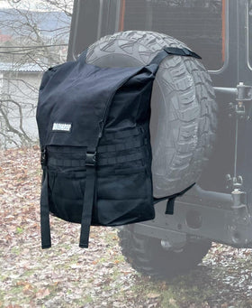 Trasharoo mounted on spare tire side view for stable off-road hauling