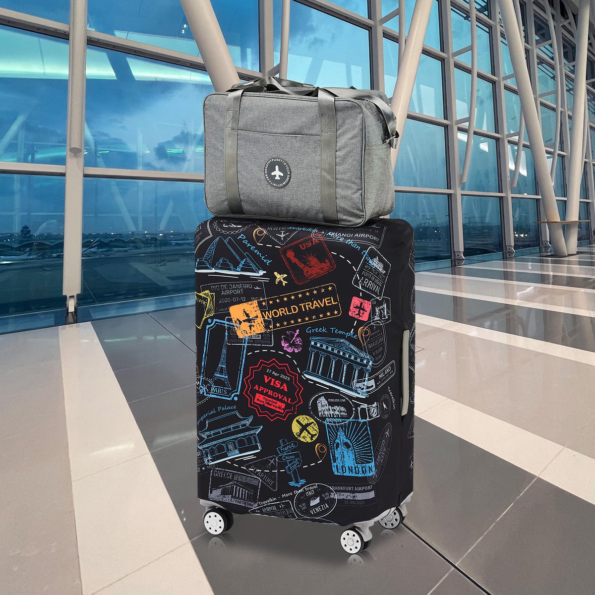 TRAVELKIN cover on suitcase in airport helping fast baggage ID
