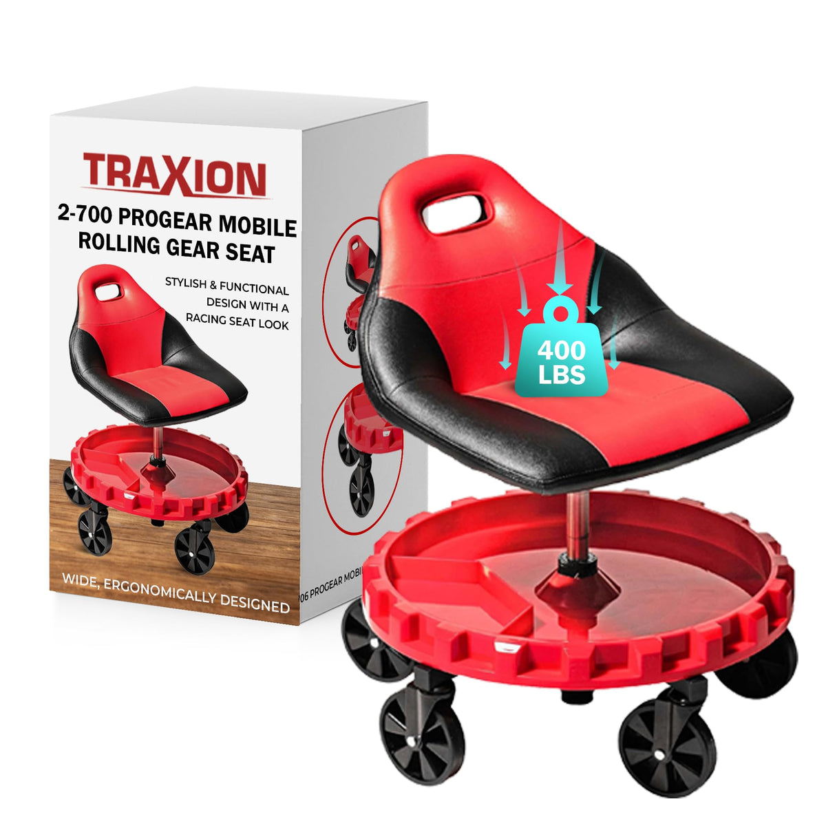 Traxion front view of seat showing racing-style pad and comfort support