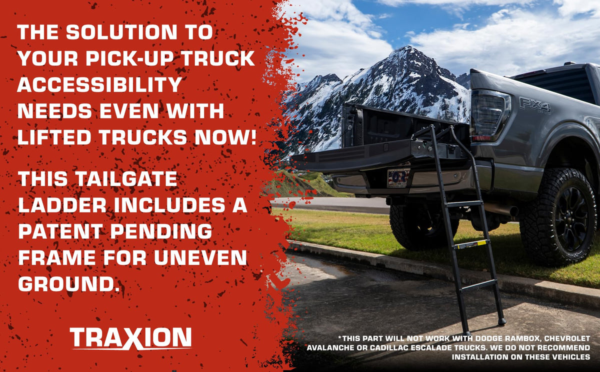 Traxion ladder in use on lifted truck demonstrating safer, lower-step bed access