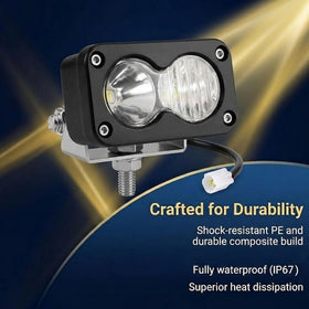 Treayes headlight mounted above number plate for aggressive beam angle