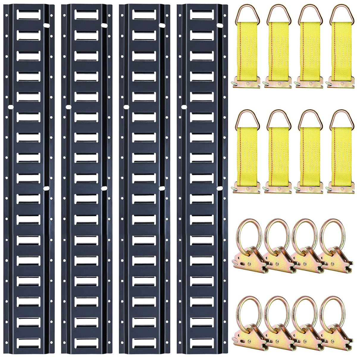 Trekassy front view of 4ft E-track rail kit showing complete packaged set and benefits
