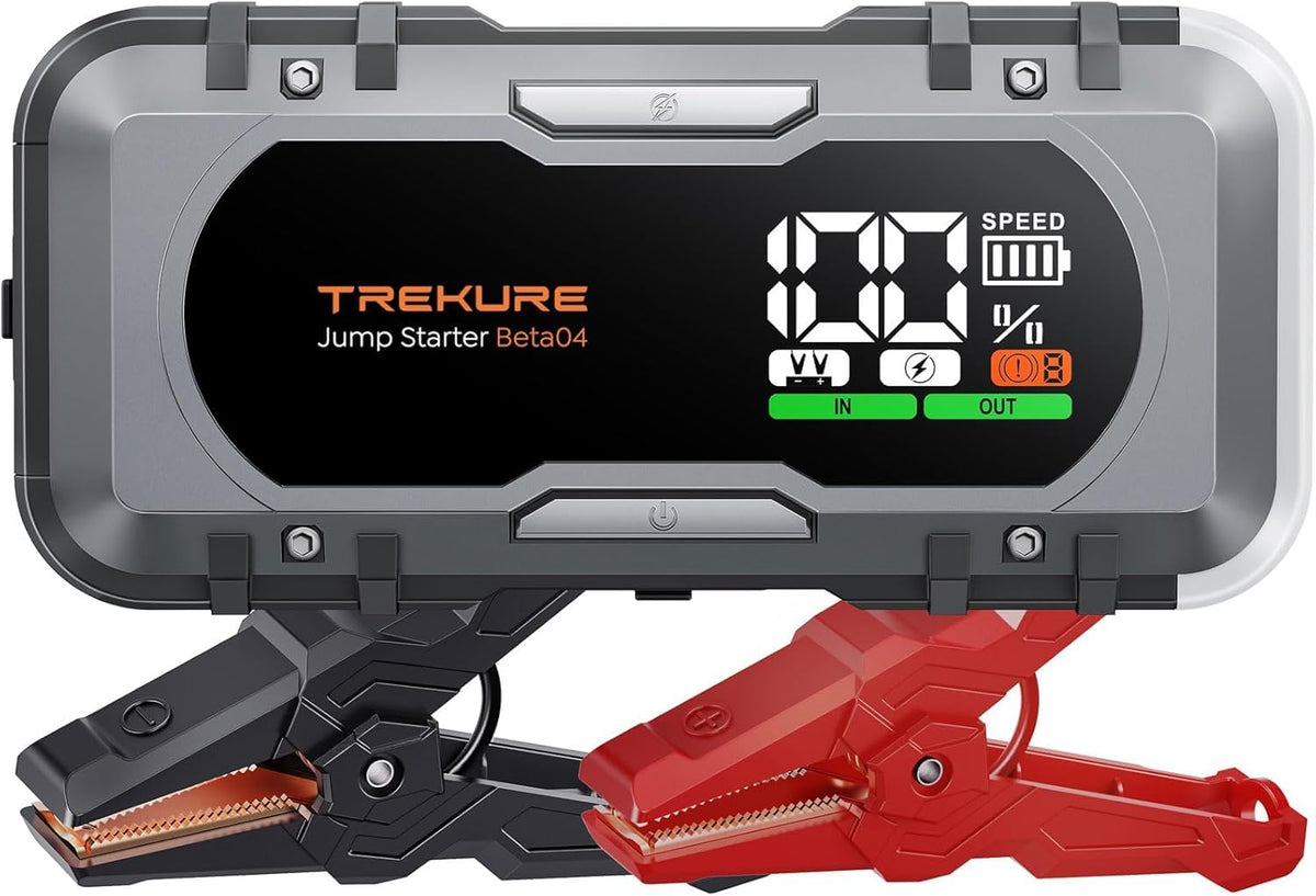 TREKURE front view showing compact jump starter and rugged case for portability