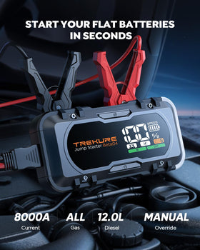 TREKURE heavy 8 AWG jumper cables and clamps providing secure battery connection